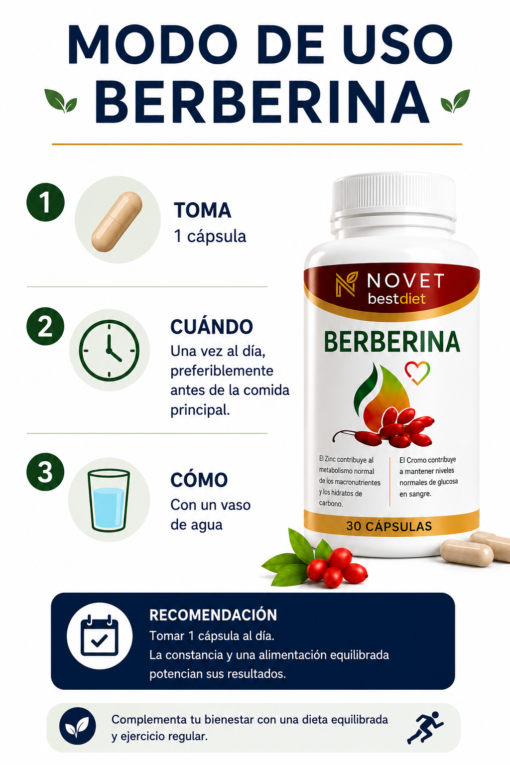 Berberina 30 Cápsulas - Regulador de Glucosa, Colesterol y Peso
