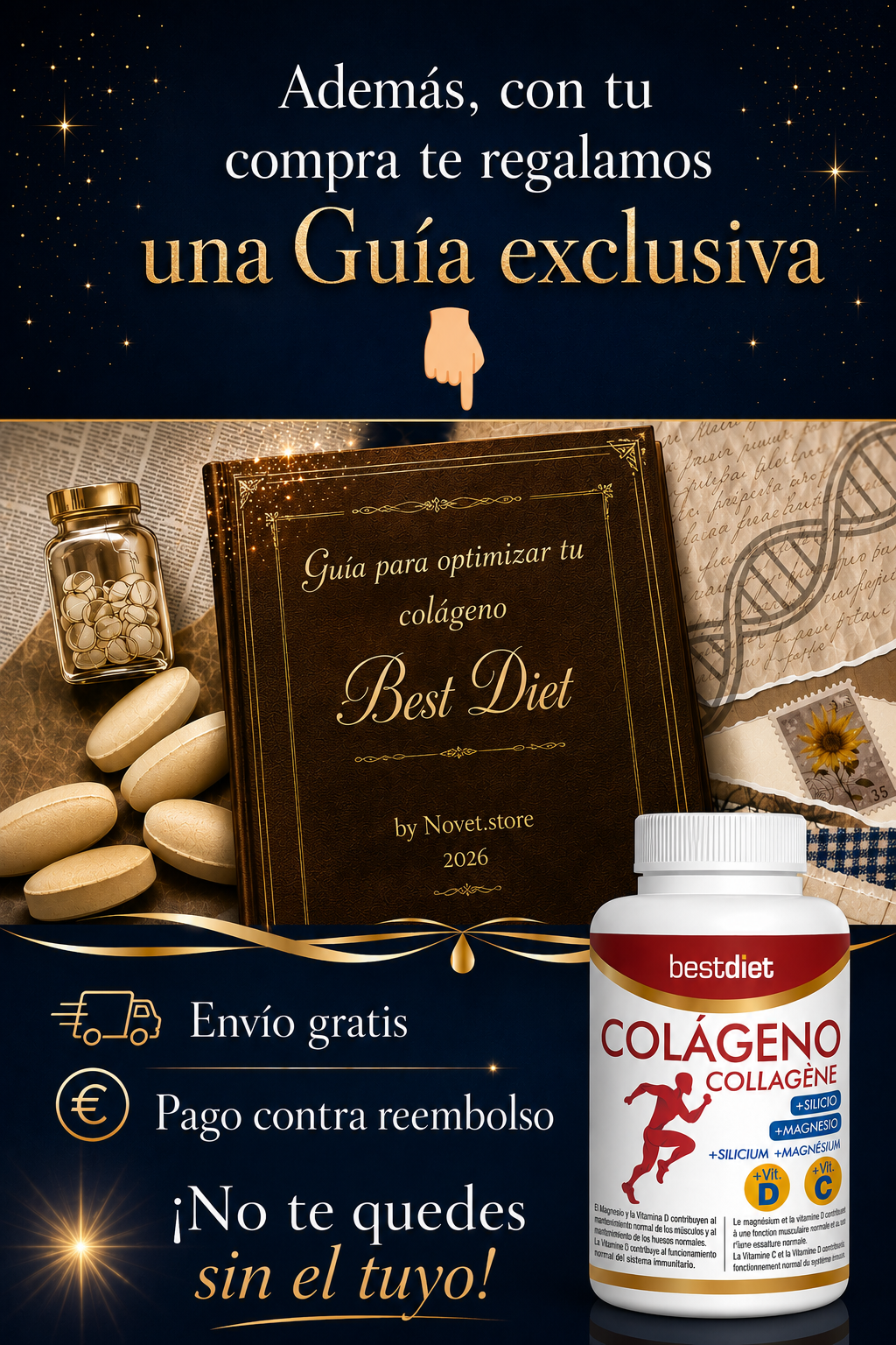 2X1 GRATIS 240 comprimidos de Colágeno Hidrolizado Premium + Guía GRATIS para optimizar los resultados.