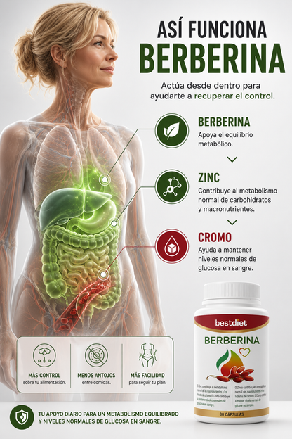 Controla el hambre emocional y los antojos - Berberina 30 Cápsulas