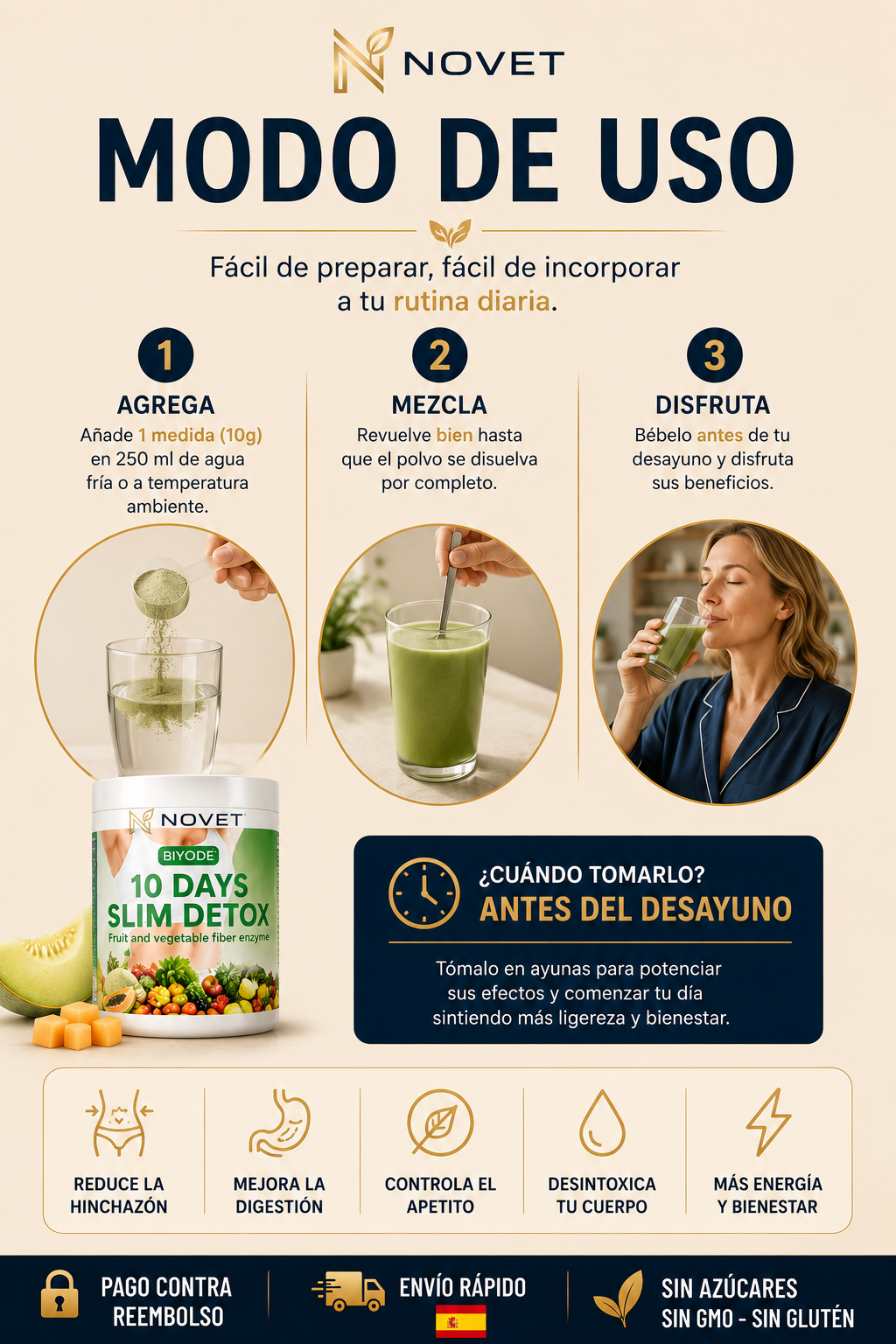 Batido detox con fibra natural que ayuda a acelerar el metabolismo y apoyar la pérdida de peso.